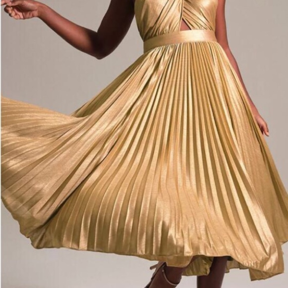 VERB by Pallavi Singhee Elegant HALTER Gold Pleated Dress - Picture 8 of 16